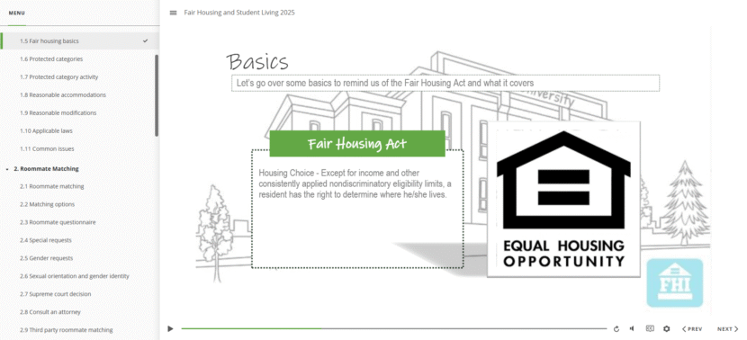 Fair housing and student living online course.