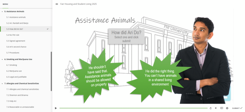 Student living and assistance animals fair housing online course.